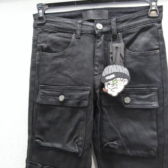 NEW TULONES Mens Coated Cargo Jeans Size 29 x 36 Black - Picture 5 of 12